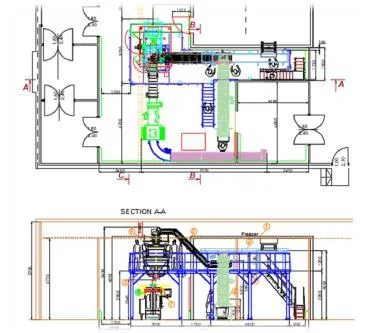 Plan and elevation drawings of the frozen food packaging system