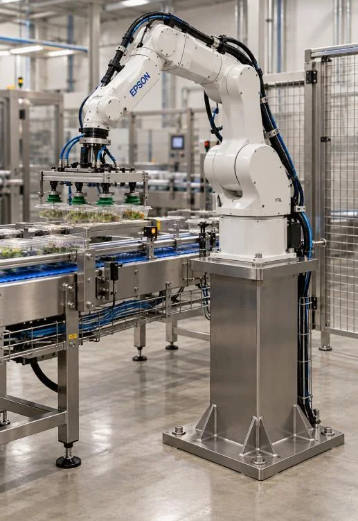 Articulated industrial robot mounted on a stainless-steel pedestal